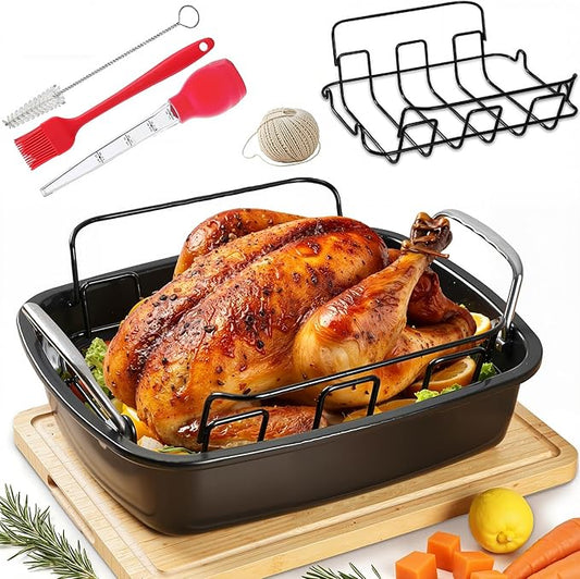 Large Nonstick Roasting Pan Kit with Rack (17x13 Inch) - Includes Baster, Pastry Brush & Twine for Turkey, Chicken, Ham - Even Heating, Easy Clean, Dark Grey (Large-Set-17.2'' x 13.5'')
