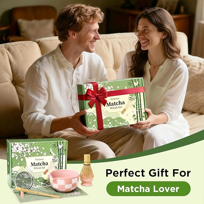 Matcha Whisk Set Gift Box - Pink Matcha Set with Whisk and Bowl, 7 Pcs Matcha Kit Includes Ceramic Matcha Bowl, Bamboo Whisk & Holder, Scoop & Rest, Sifter and Tea Towel, Complete Matcha Making Kit