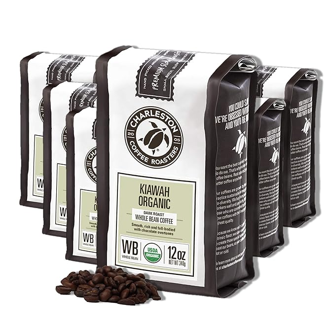 Charleston Coffee Roasters | Specialty Organic Whole Bean Coffee | Hand Picked, Premium Slow Roast | (Kiawah, Dark Roast) 12oz, 6 pack