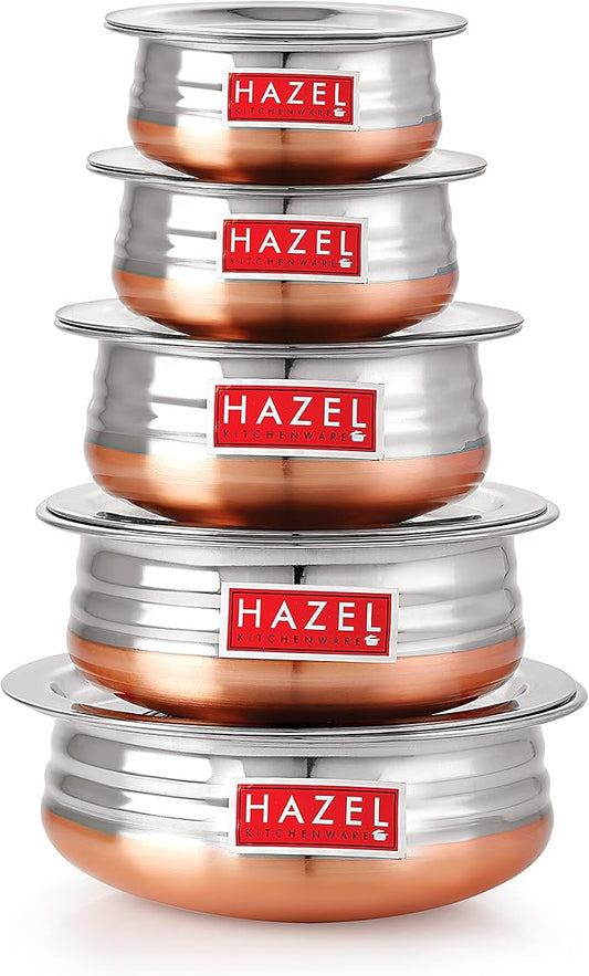 HAZEL Stainless Steel Copper Bottom Pot Handi with Lid | Urli Vessel Cooking Stainless Steel | Serving Tope Handi | Serveware set of 5 (600 ml, 900 ml, 1200 ml, 1500 ml, 1800 ml) | 3 Months Warrenty