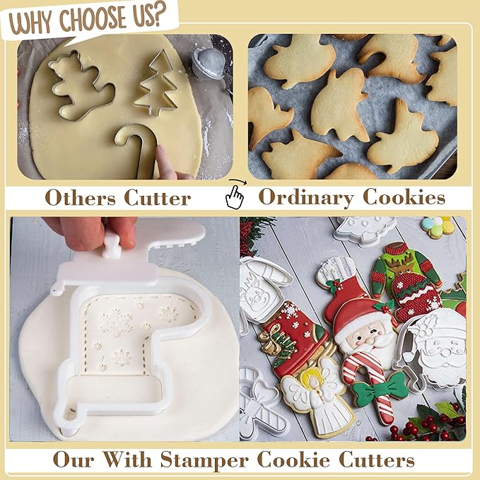 Flycalf Christmas Cookie Cutters Candy Cane Shapes with Plunger Stamps Holiday PLA Baking Accessories Cutter Molds Gifts Decorative Party 3.5" Kitchen Cake Supplies