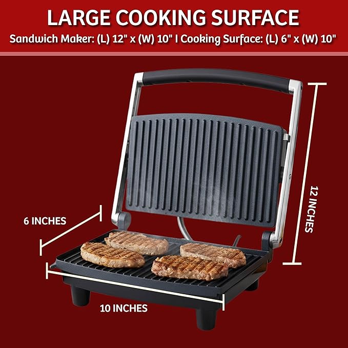 Panini Press Gourmet Grilled Cheese and Sandwich Maker - Electric Indoor Grill with Drip Tray for Healthy Cooking Options by Chef Buddy (Silver)