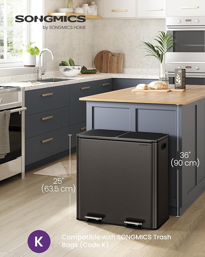 SONGMICS Trash Can, 2 x 10.6 Gallon (2 x 40 L) Garbage Can for Kitchen, with 15 Trash Bags, 2 Compartments, Plastic Inner Buckets and Hinged Lids, Airtight, Slate Gray ULTB730G01V1