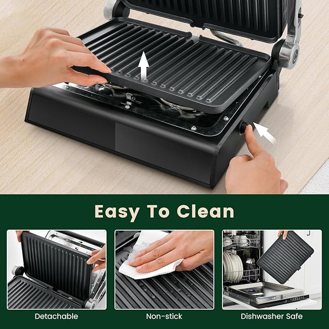 ARLIME 3 in 1 Panini Grill Press Sandwich Maker, 180 Degrees w/5 Auto Cooking Modes & LED Display, 1200W Electric Indoor Grill with Removable Plates & Drip Tray, Panini Press Grill for Breakfast