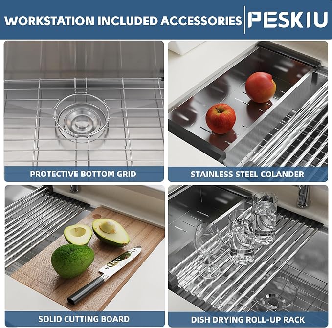 28"x19" Undermount Kitchen Sink Cabient, 16 Gauge Single Bowl Stainless Steel Kitchen Sink, Nano Coating & Brushed Finish Matte Black Undermount Workstation with Ledge and Accessories