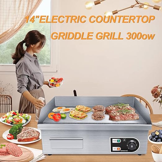 22" Electric Countertop Flat Top Griddle 1600W 110V Non-Stick Commercial Restaurant Teppanyaki Grill Stainless Steel Adjustable Temperature Control 50~300℃