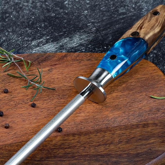 SENKEN Professional Sharpening Steel for Damascus Knives - Tsunami Collection - Incredibly Strong Emery Rod for Sharpening & Honing Knives Up to 63 HRC - Beautiful Blue Resin & Natural Wood Handle