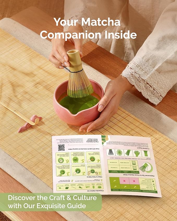 Maestri House Matcha Whisk Set, 7 Pcs Ceramic Matcha Kit with Spouted Bowl, Matcha Whisk & Holder, Bamboo Scoop, Scoop Rest, Sifter & Cloth – Complete Matcha Gift Set for Beginners & Tea Lovers(Pink)