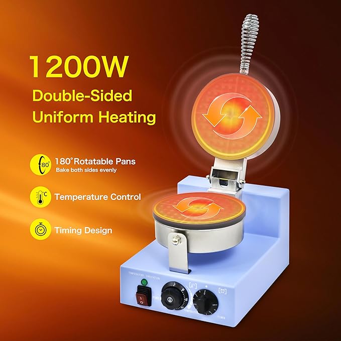 Commercial Waffle Maker, 1200W Round Rotating Waffle Iron Machine with Timer & Temp Control, Nonstick Plates, Heat-Resistant Shockproof Non-Conductive Plastic Body (110V, Sky Blue)