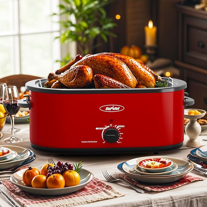 Sunvivi 26 Quart Electric Roaster With Glass Lid, Turkey Roaster Buffet, Self-Basting Lid, Removable Pan, Cool-Touch Handles, Red