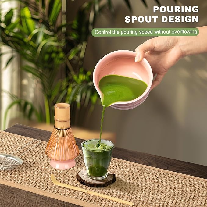 Matcha Set,5 Pcs Matcha Whisk Set Includes Bowl with Spout, Whisk,Holder,Bamboo Scoop and Sifter- Matcha Kit for Making Breakfast/Latte,Gift for Lovers（Pink）