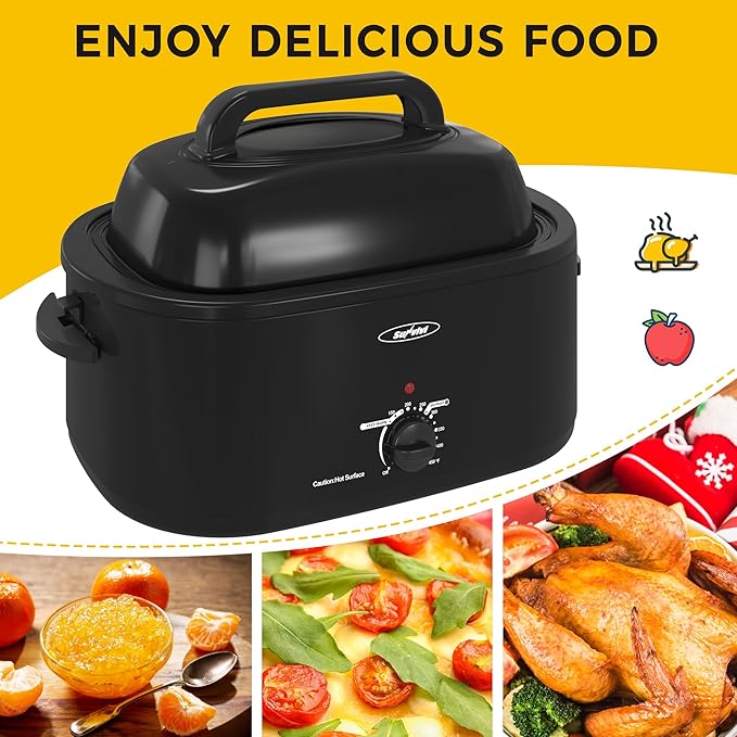 Roaster Oven, Electric Roaster Oven with Viewing Lid, Large Roaster with Removable Pan & Rack, Turkey Roaster with Unique Defrost/Warm Function, Stainless Steel, Black, 24QT