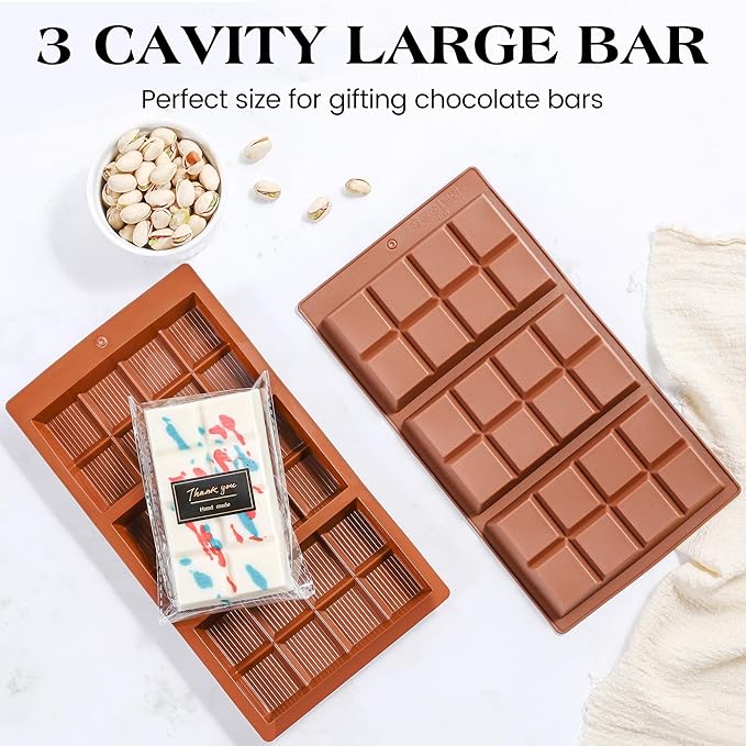2 Pcs Chocolate Bar Mold Deep Dubai 0.85 Inch Stuffed Large Chocolate Molds Silicone Break Apart Thick Silicone Molds for Candy Bar, With 100 Pcs Wrappers and 1 Pc Scrapers Set (8 Snap）
