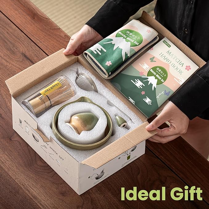 Clay&Fire Matcha Whisk Set，9 Pcs Ceramic Matcha Set, 15 OZ Matcha Bowl with Spout and Whisk for Friend, Ideal Gift for Matcha Lover（Kiln-change Green）