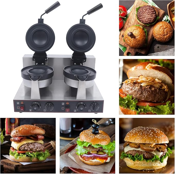 Burger Waffle Maker,Commercial Electric Dual Head Burger Panini Maker Machine,Non Stick Waffle Press Machine with Time & Temp Control Stainless Steel Material for Home Kitchens Breakfast Shops Schools