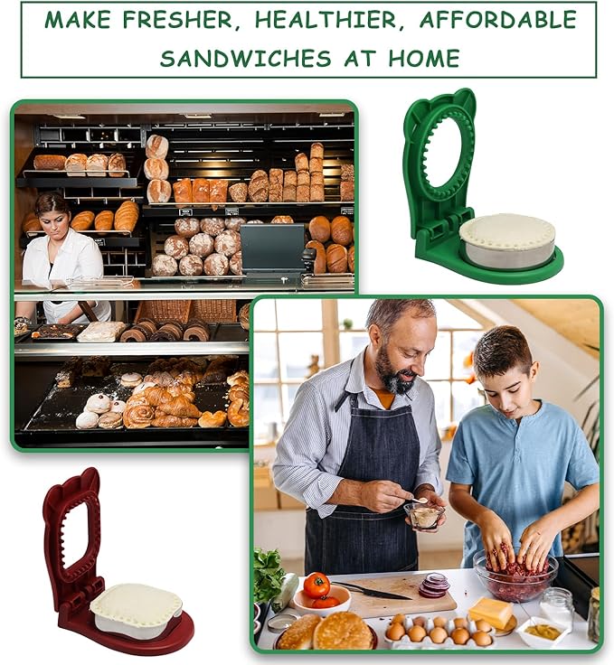2Pcs Sandwich Cutter and Sealer,Round&Square Uncrustable Sandwich Maker with Seal Edge,Crustless Sandwich Cutter with Brush,Sandwich Sealer for DIY Breakfast Lunch Picnic(Red S+Green R)