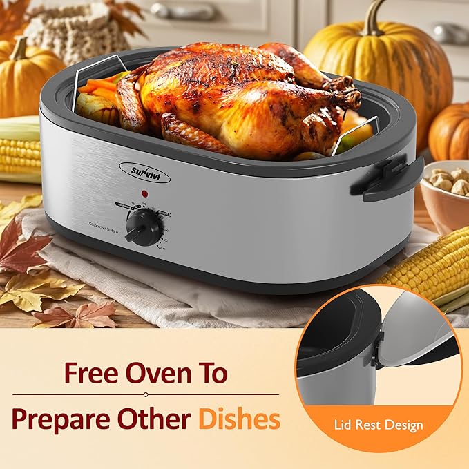 Sunvivi Electric Roaster,18 Quart Roasting Oven with Self-Basting Lid Removable Pan,Turkey Roaster Oven with 150 to 450F Temperature Control Cool-Touch Handles,Silver