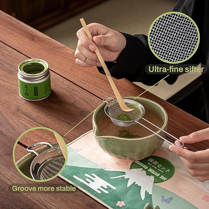 Clay&Fire Matcha Whisk Set，9 Pcs Ceramic Matcha Set, 15 OZ Matcha Bowl with Spout and Whisk for Friend, Ideal Gift for Matcha Lover（Kiln-change Green）