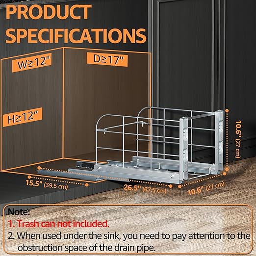 Pull Out Trash Can Under Cabinet with Soft-Close Slides,Heavy Duty 40 Qt Under Sink Trash Can Pull Out for Kitchen,Garbage Can Not Included, Requires Minimum Cabinets Opening 12" W X 17" D