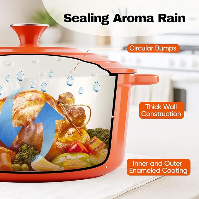 7 Quart Dutch Oven Pot with Lid, Non Stick Enameled Cast Iron Dutch Oven for Bread Baking, Heavy-Duty, Oven Safe Ceramic Cookware Up to 500°F for Baking, Braising, Stews, Roasting, Orange