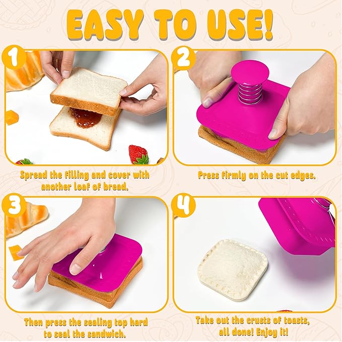 Sandwich Cutter and Sealer Square Cut and Seal Sandwich Maker, Crustless Peanut Butter & Jelly Sandwich Cookie Cutter-Pink Square