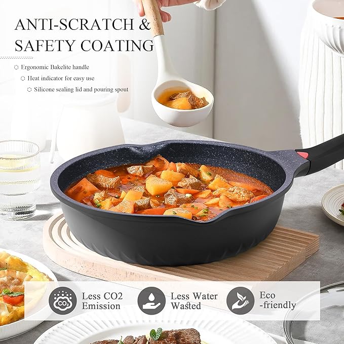 Vinchef New Handle Update 11In/5Qt Aluminum Nonstick Deep Frying Pan with Lid and Heat Indicator, Anti Scratch and Anti Stain Deep Saute Pan, Induction Compatible