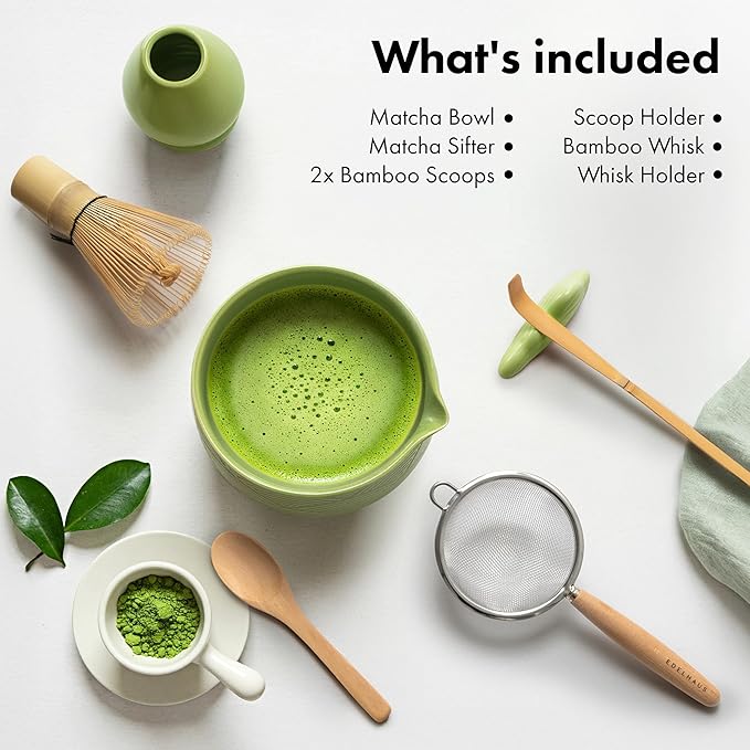 Matcha Kit Whisk Set (7 Pcs) - Complete Matcha Set, Matcha Bowl with Spout, Whisk with Holder, Bamboo Scoop with Rest and Sifter, Perfect Kit for Matcha Lovers (Green Mist)