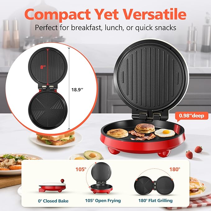 Small Electric Pancake Griddle - CACHOO 8'' Round Electric Griddle Nonstick with On/Off Switch, 180° Open Indoor Grill/Press Maker for Paninis, Quesadillas, Burgers, Omelettes, Thin Pizzas