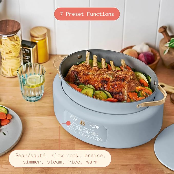 Beautiful 10-in-1 6Qt Electric Multi-Cooker by Drew Barrymore – Slow and Rice Cooker, Steamer, Dutch Oven, Sauté & More – Touch Display, Oven Safe, Dishwasher Safe (Cornflower Blue)