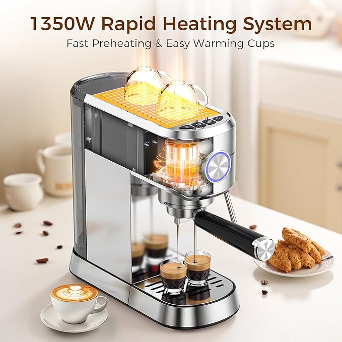 Kndko Espresso Machine, 20 Bar Espresso Maker with Milk Frother, Compact Stainless Steel Coffee Machine with 40.5oz Removable Water Tank for Cappuccino, Latte