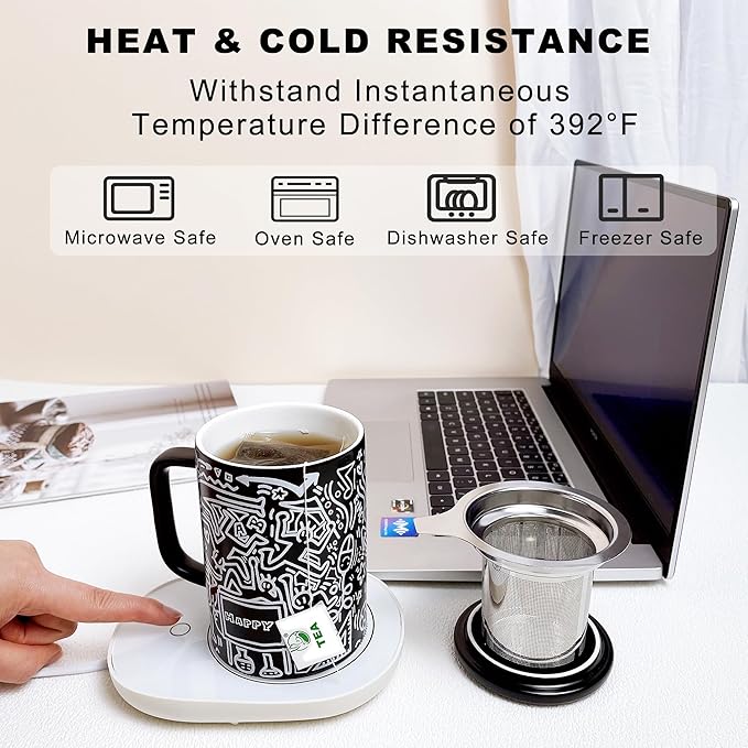 Loose Leaf Tea Cup, Doodle Style Tea Mugs with Infuser and Lid, 14oz Porcelain Steeper Cup, Brewing Teacup with Infuser and Lid, Microwave & Dishwasher Safe, Happy Black