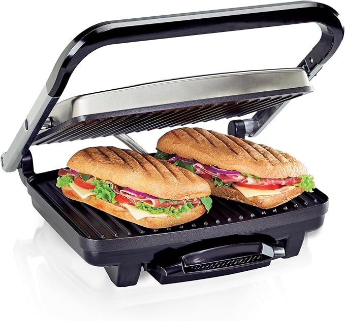 Hamilton Beach Panini Press, Sandwich Maker & Electric Indoor Grill, Upright Storage, Nonstick Easy Clean Grids, Stainless Steel (25410)