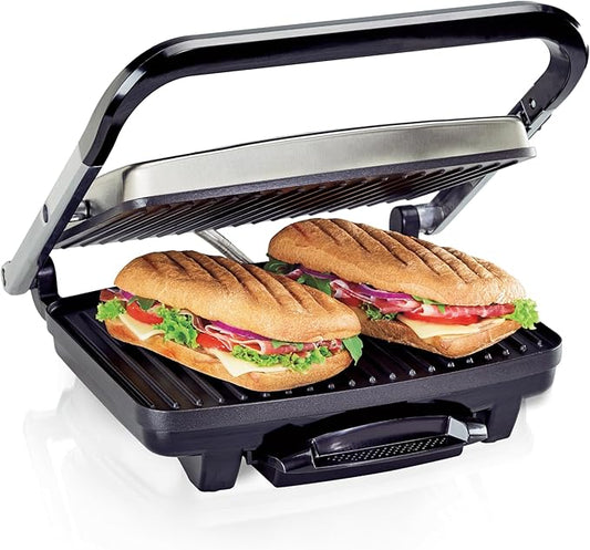 Hamilton Beach Panini Press, Sandwich Maker & Electric Indoor Grill, Upright Storage, Nonstick Easy Clean Grids, Stainless Steel (25410)