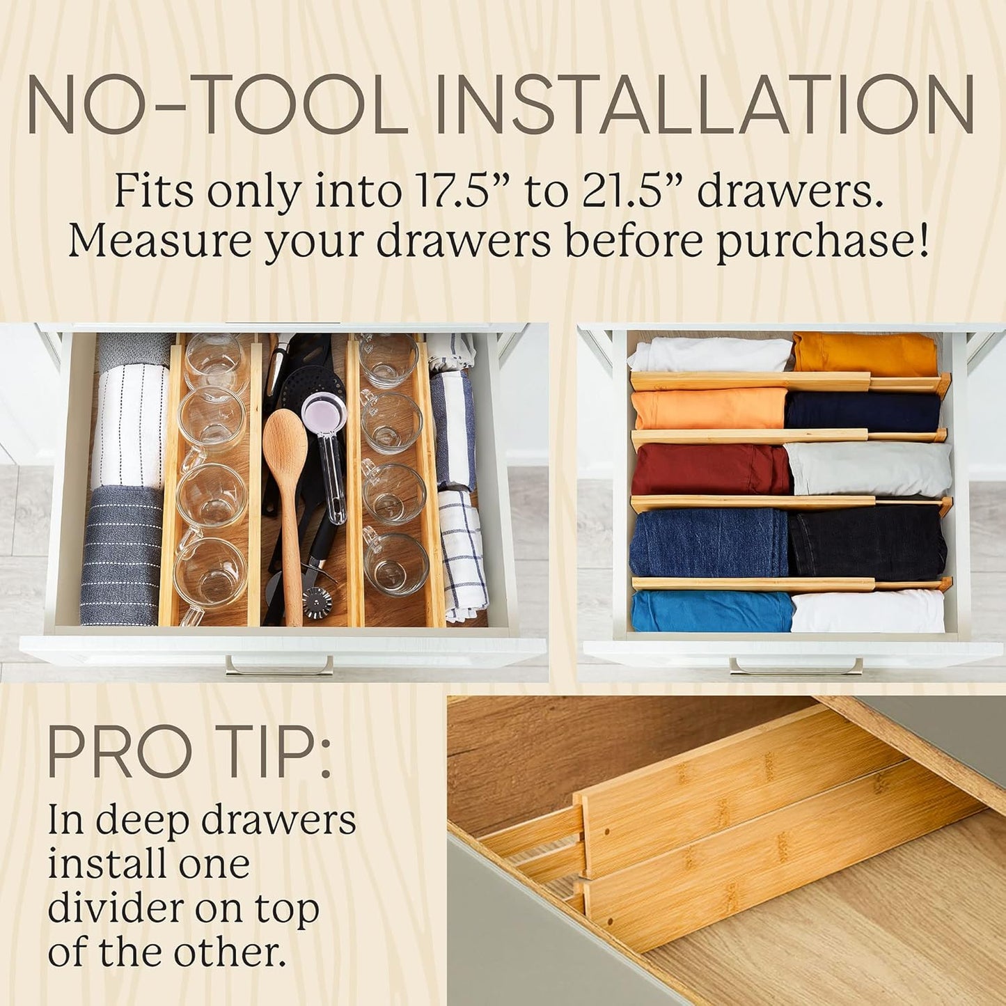 Night Tree Expandable Bamboo Drawer Dividers – Spring-Loaded Wooden Organizers for Clothes, Kitchen Utensils, Bathroom, and Dresser Drawers (17.5" to 21.5")