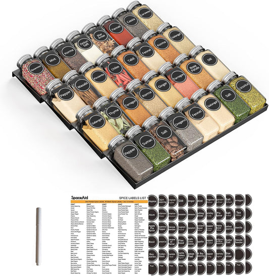SpaceAid Spice Drawer Organizer with 32 Spice Jars, 386 Spice Labels, 4 Tier Seasoning Rack Tray Insert for Kitchen Drawers, 15" Wide x 17.5" Deep