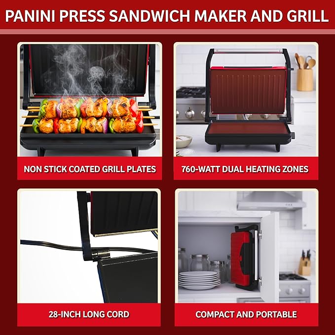 Panini Press - Sandwich Maker with Nonstick Plates - Indoor Countertop Grill for Cooking Burgers, Steak, Grilled Cheese, and More by Chef Buddy (Red)