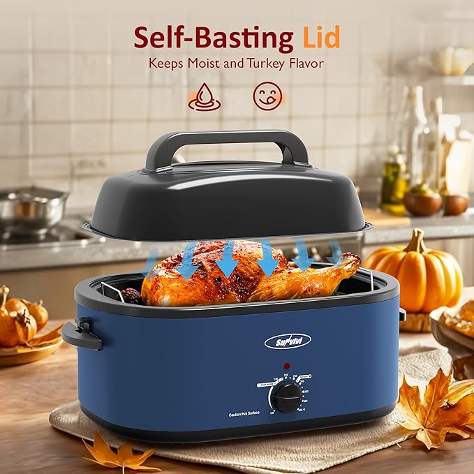 Sunvivi Electric Roaster, 28-Quart Electric Roaster Oven featuring a Glass Lid, Ideal for Turkey Roasting with Self-Basting Cover, Detachable Pan, Cool-Touch Handles, Blue