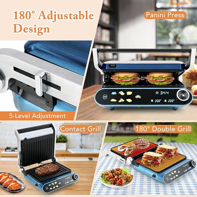 ARLIME Panini Grill Press Sandwich Maker, 1200W Electric Griddle with LED Touch Panel, 7 Grilling Modes, Dishwasher Safe Non-stick Plates, Removable Drip Tray, Indoor Grill for Burger, Cheese, Steaks