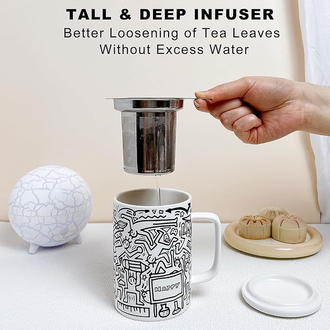 Doodle Style Tea Cup with Infuser and Lid, 14oz Tea Infuser Cup Loose Leaf Tea Mug with Strainer, Porcelain Tea Infuser Mug, Steeping Tea Cups for Microwave and Dishwasher Safe, Happy White