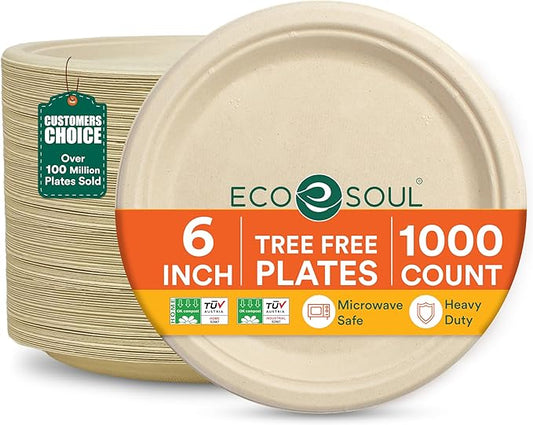 ECO SOUL Compostable Paper Plates 6 Inch (1000 Count) Heavy Duty Disposable Dessert Plates, Eco-Friendly Sugarcane Bagasse Small Plates For Appetizer- Natural Brown