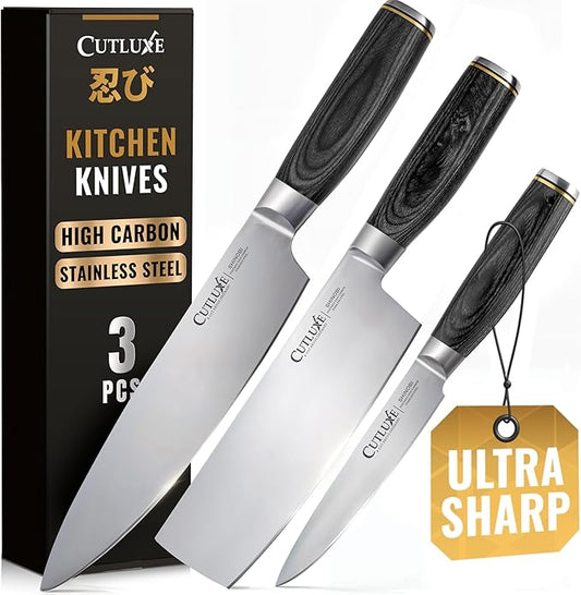 Cutluxe 3-Piece Chef Knife Set – Ultra Sharp Japanese Kitchen Knives, High Carbon Stainless Steel Blades, Full Tang Pakkawood Handles – Shinobi Series