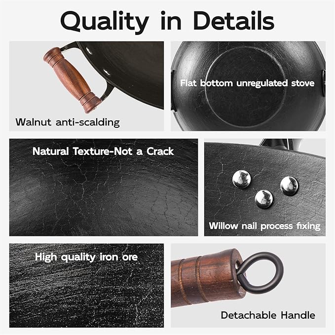 WANGYUANJI Iron Wok 12.6" Chinese Flat Bottom Wok – Chemical-Free with Stainless Steel Spatula for All Stoves