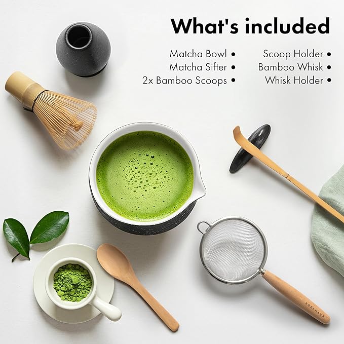 Matcha Kit Whisk Set (7 Pcs) - Complete Matcha Set, Matcha Bowl with with Bowl, Whisk and Holder, Bamboo Spoon/Scoop, Scoop Rester and Sifter incl. Booklet