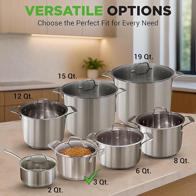 NutriChef 3-Quart Stainless Steel Pot with Glass Lid - 18/8 Food Grade Heavy Duty Cookware Stockpot for Stews, Simmering & Soups, Dishwasher Safe, For Induction, Gas & Ceramic Cooktops - NCSP3