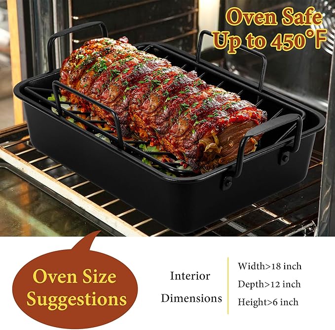 E-far Roasting Pan with Racks, Large Stainless Steel Turkey Roaster with V-Shaped & Cooling Rack for Oven, 16 Inch Nonstick Deep Broiler Pan with Handles for Baking Chicken Lasagna Meat, Heavy Duty