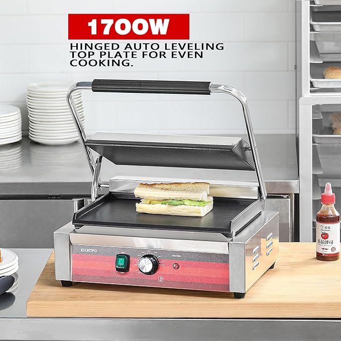 Commercial Electric Panini Grill with Flat Plates Stainless Steel Sandwich Maker 14"× 9.5" Cast Iron Enamel Plate Countertop Panini Press with Temperature Control for Business 110V 1700W