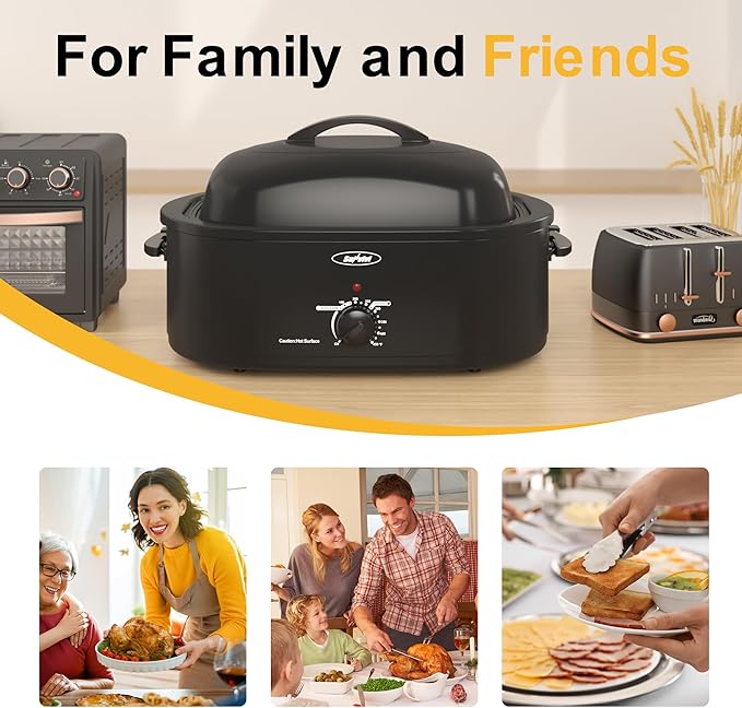 Roaster Oven, Electric Roaster Oven with Viewing Lid, Large Roaster with Removable Pan & Rack, Turkey Roaster with Unique Defrost/Warm Function, Stainless Steel, Black, 20QT