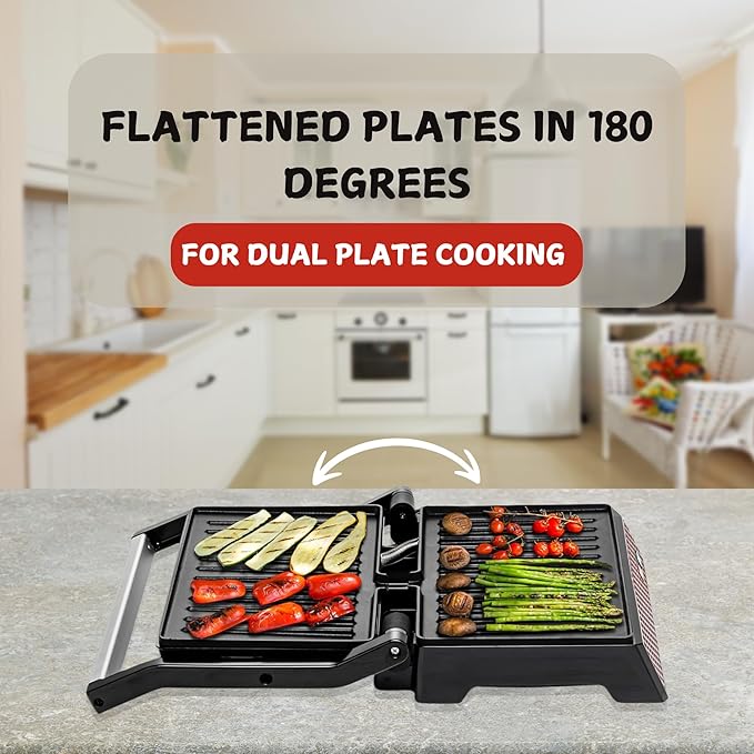OVENTE Electric Indoor Panini Press Grill and Sandwich Maker with Non-Stick Coated Plates, Cool-Touch Handle and Removable Drip Tray, Opens 180 Degrees to Fit Any Type or Size of Food, Red GP0540R