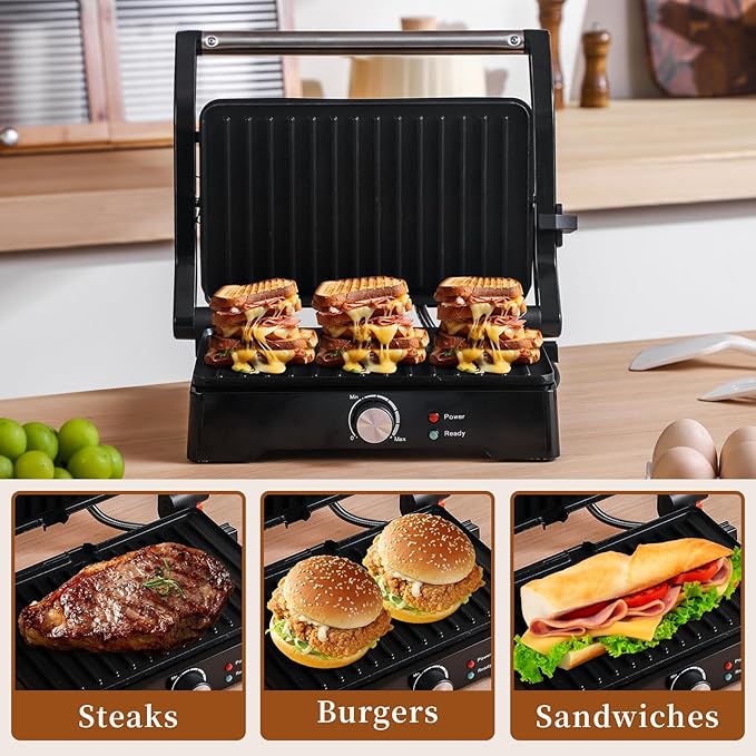 Panini Press Grill Sandwich Maker, Large Electric 3 in 1 Panini Sandwich Maker Grill, Open 180 Degrees for Grill Indoor, Perfect for Grilling Steaks, Burger, Sandwich,Non-stick Pan, Black