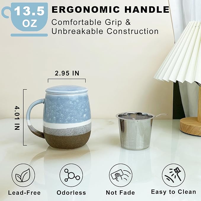 13.5 OZ Reactive Glaze Tea Cup with Infuser and Lid, Porcelain Tea Infuser Mug, Single Brewing Teacups for Loose Leaf, Microwave & Dishwasher Safe, Pale Blue